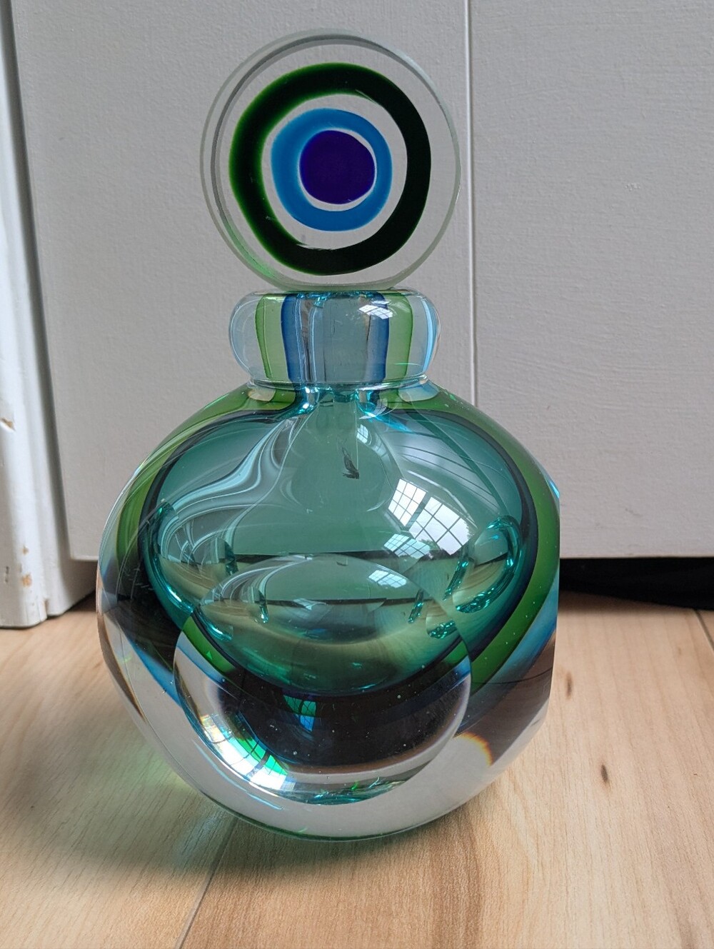 Fifth Avenue Crystal Art Glass Large Geometric "Aura" Perfume Bottle Green Blue